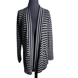 KLD Signature women's medium black white stripe open front cardigan pockets